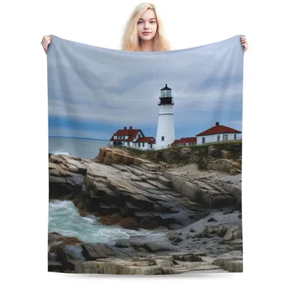 Lighthouse on Rocky Coast Blanket: Coastal Scenery for Nautical Lovers