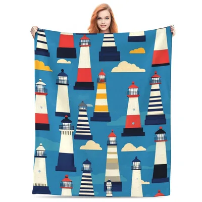 Nautical Lighthouse Pattern Blanket featuring colorful striped towers