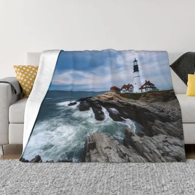 Lighthouse on Rocky Coast Blanket No. 2: Coastal Scenery for Your Sofa
