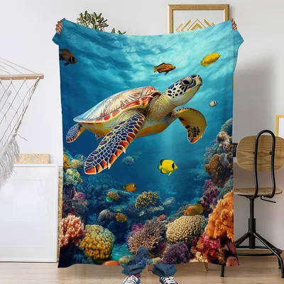 Sea Turtle Coral Reef Blanket: Underwater Scene with Colorful Fish