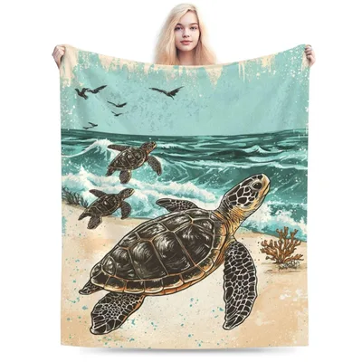 Sea Turtle on Beach Blanket: Vintage Coastal Art for Ocean Lovers
