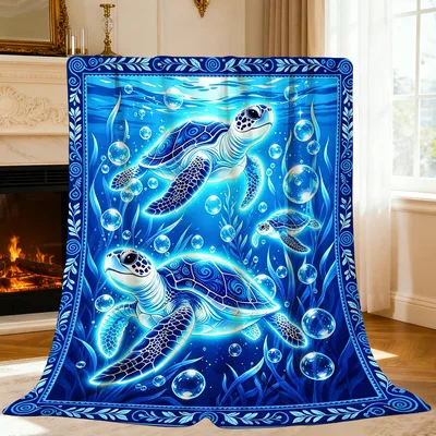 Sea Turtles Blue Ocean Blanket Glowing Underwater Turtle Art