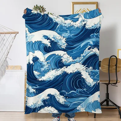 Blue Ocean Wave Pattern Blanket: Vintage Japanese Sea Design