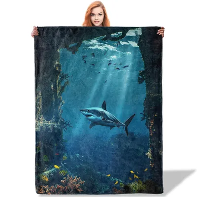 Underwater Shark Ocean Scene Blanket: Deep Blue Reef Art