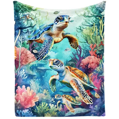 Sea Turtles Underwater Coral Blanket: Vibrant Reef Art