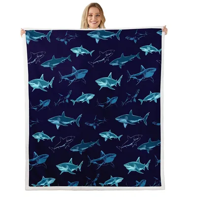 Shark Pattern on Navy Blanket: A Deep Blue Reef Shark Fleece Throw