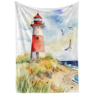 Lighthouse on Beach Blanket: Watercolor Coastal Scene with Seagulls