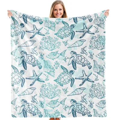 Sea Turtles and Starfish Pattern Blanket: Ocean Life Throw