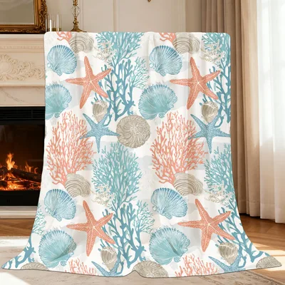 Nautical Starfish Shell Coral Blanket: Coastal Ocean Design
