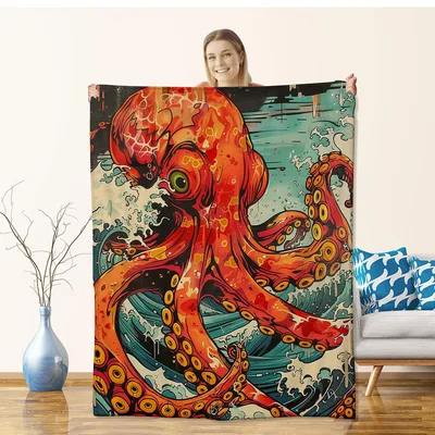 Japanese Wave Octopus Art Blanket: Bold Red Kraken Design