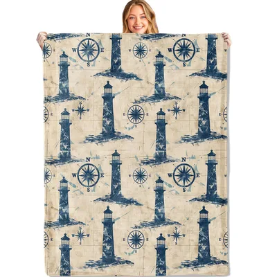 Nautical Lighthouse Compass Pattern Blanket featuring vintage towers