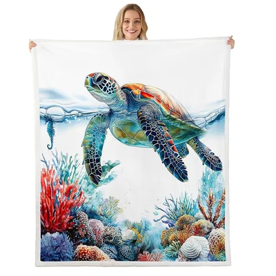 Sea Turtle Watercolor Coral Blanket: Underwater Art for Ocean Lovers