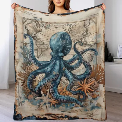Blue Octopus Nautical Map Blanket No. 2