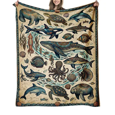 Vintage Ocean Marine Life Blanket featuring vintage-style whales