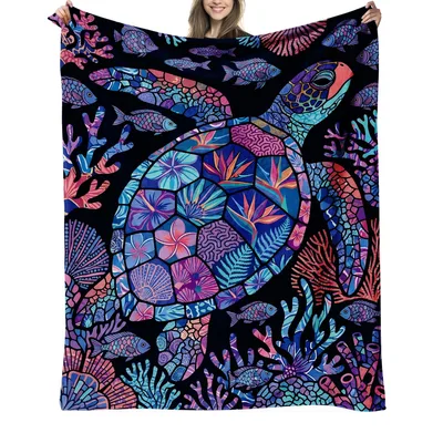 Colorful Sea Turtle Blanket: Vibrant Coral Reef Art for Ocean Lovers