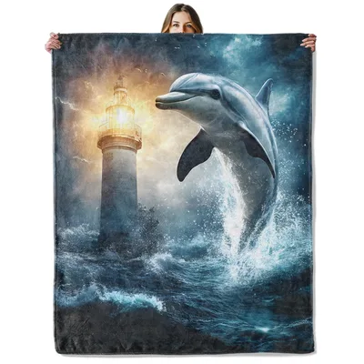 Dolphin Leaping by Lighthouse Blanket: Ocean Art for Sea Lovers