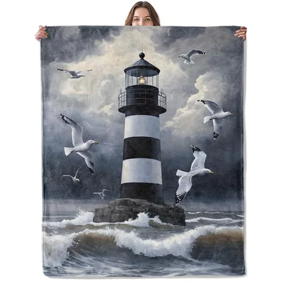 Stormy Lighthouse Seagulls Blanket: Coastal Art with Striped Tower