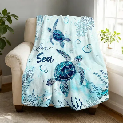 Love the Sea Turtle Blanket: Ocean Art with Blue Turtles and Bubbles