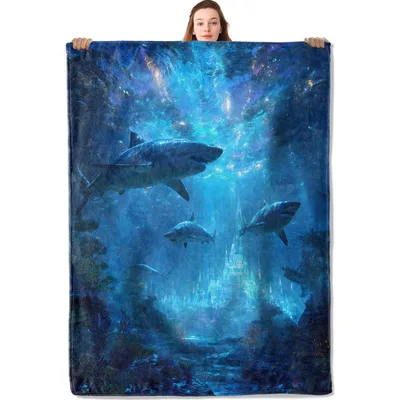 Sharks in Underwater Ocean Blanket Fantasy Marine Life Art