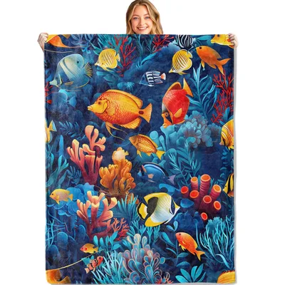 Vibrant Coral Reef Tropical Blanket: Exotic Fish and Underwater Life