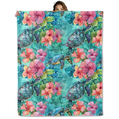 Sea Turtle Hibiscus Floral Blanket: Tropical Ocean Design