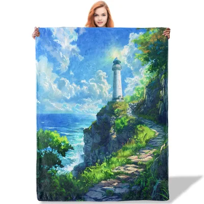Lighthouse by the Sea Blanket Coastal Cliff Scene Fleece Throw