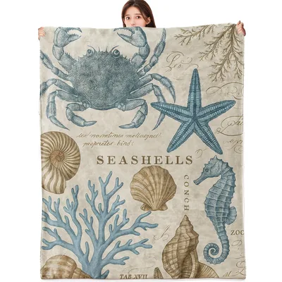 Vintage Sea Creatures Design Blanket: Crab, Starfish, and Seashell Art