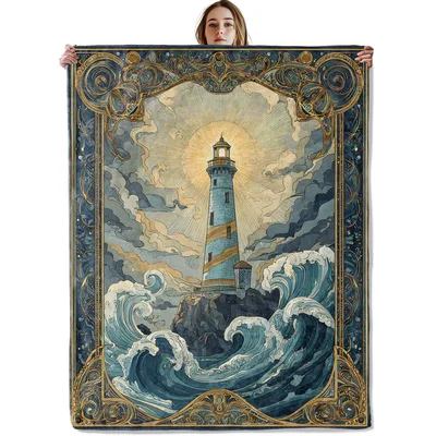 Lighthouse in Stormy Waves Blanket: Art Nouveau Ocean Illustration
