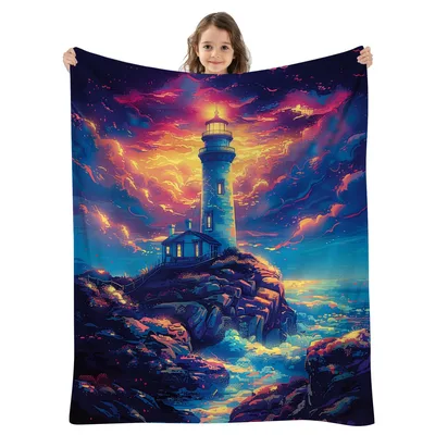 Colorful Lighthouse Seaside Sunset Blanket: Coastal Art Design