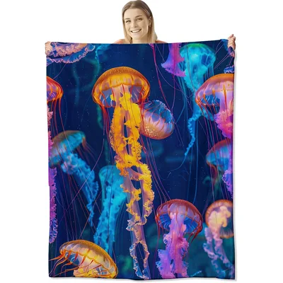 Glowing Jellyfish Ocean Blanket: Bioluminescent Marine Life Design