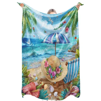 Tropical Beach Straw Hat Blanket featuring a seaside scene