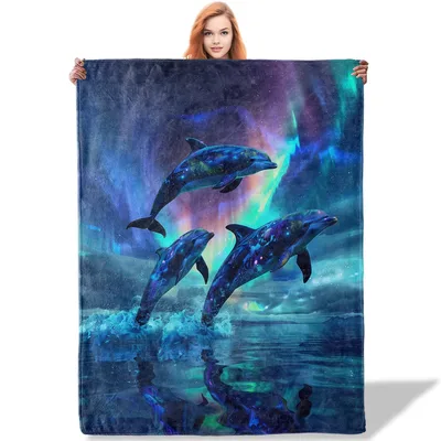 Dolphins Under Aurora Borealis Blanket: Cosmic Ocean Art