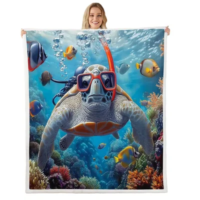Snorkeling Sea Turtle Underwater Blanket: A Diving Reptile Among Coral
