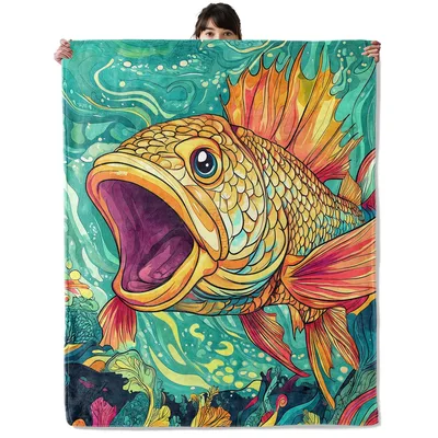 Cartoon Fish Open Mouth Blanket: Vibrant Artistic Sea Creature Design