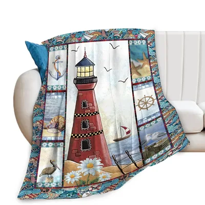 Nautical Lighthouse Scene Blanket featuring a red coastal tower