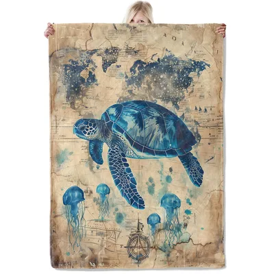Sea Turtle Over Vintage Blanket: Nautical Map and Marine Life Design