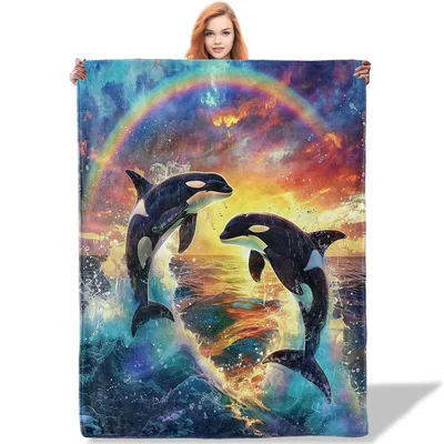 Orca Whales Rainbow Ocean Blanket: Vibrant Marine Art for Your Home