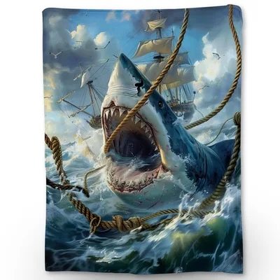 Giant Shark Attacking Pirate Blanket: Ocean Adventure Design