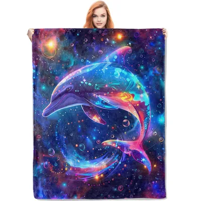 Cosmic Dolphin in Galaxy Blanket: Neon Space Whale Art