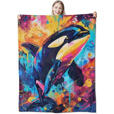 Colorful Orca Graffiti Art Blanket: Vibrant Killer Whale Design