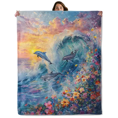 Dolphins Riding Ocean Wave Blanket: Whimsical Sea and Floral Art