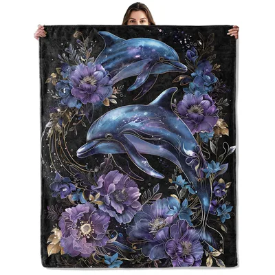 Dolphins with Purple Flowers Blanket: Cosmic Marine Art