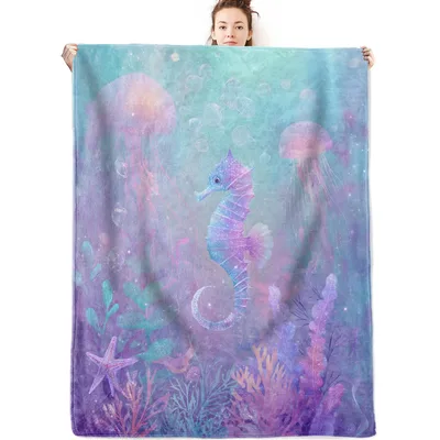 Seahorse in Underwater Ocean Blanket: Dreamy Galaxy Sea Life Design