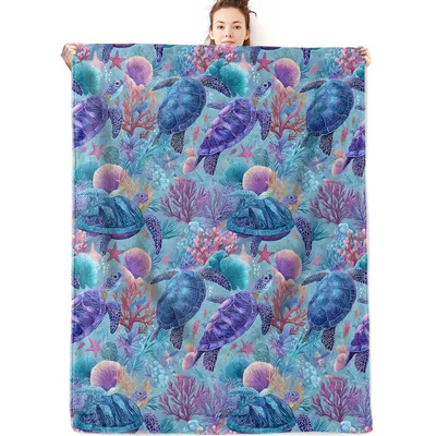Sea Turtles Ocean Reef Blanket featuring purple sea turtles