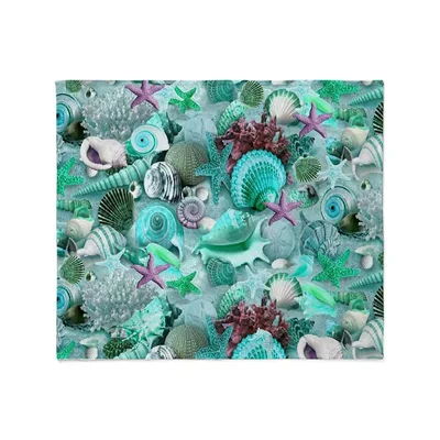 Teal Seashells and Starfish Blanket: Coastal Shell Collage Design