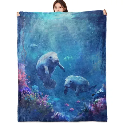 Manatees Underwater with Coral Blanket: Gentle Marine Life Design