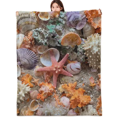 Starfish and Seashells Ocean Print Blanket Coastal Decor