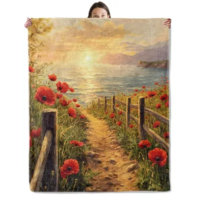Poppy Path to Ocean Blanket: Coastal Wildflower Sunset Design