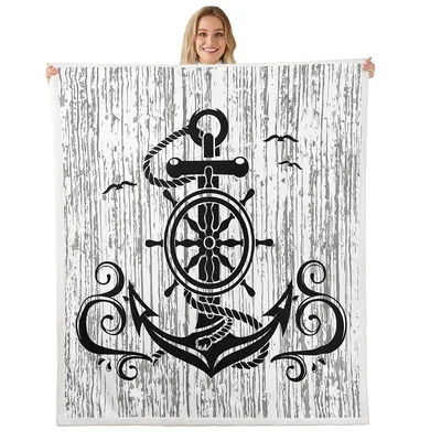 Nautical Anchor and Ship Wheel Blanket: Rustic Maritime Design