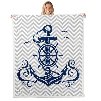 Nautical Anchor on Chevron Blanket: Navy Ship Wheel and Seagull Design